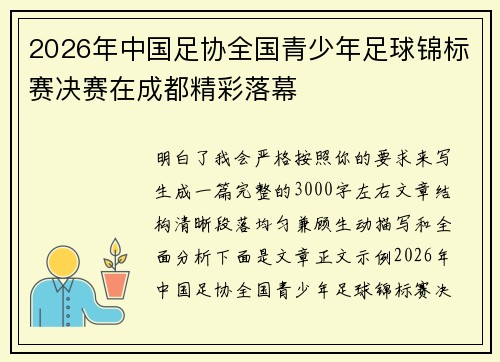 2026年中国足协全国青少年足球锦标赛决赛在成都精彩落幕