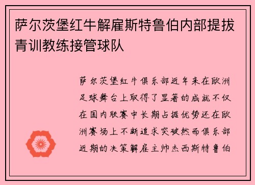 萨尔茨堡红牛解雇斯特鲁伯内部提拔青训教练接管球队